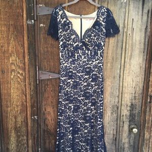 May Queen lace illusion sheath evening dress